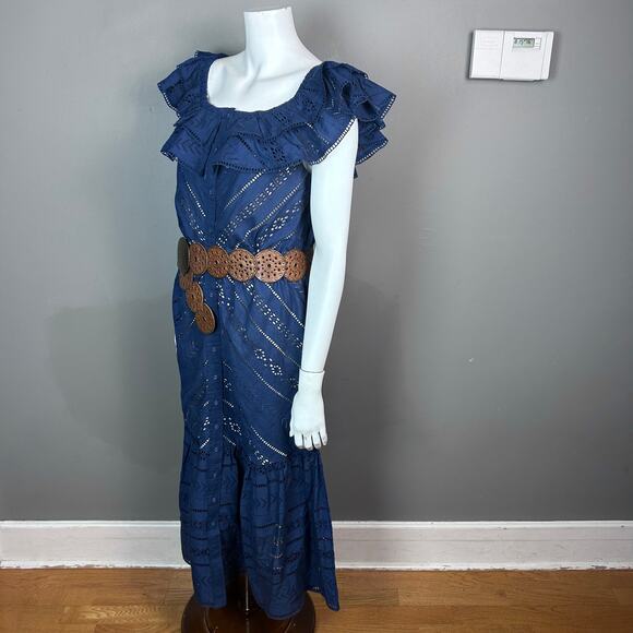 Boston Proper dress Medium western blue maxi off shoulder eyelet boho NWT - Picture 6 of 15